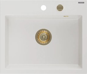 Mexen Oscar chiuvetă din granit cu 1 compartiment 580 x 490 mm, alb, sifon auriu - 6519581000-20-G