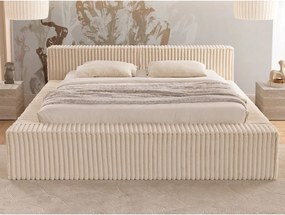 Pat matrimonial bej tapițat cu spațiu de depozitare cu somieră 200x200 cm Cloe – Ropez