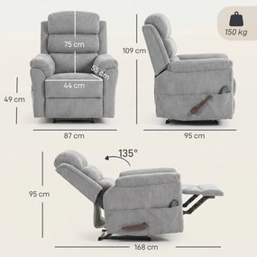 HOMCOM Fotoliu Reclinabil cu Masaj Manual  135°, Încălzire și 8 Puncte de Masaj, Chenille, 87x95x109 cm, Gri Deschis | Aosom Romania