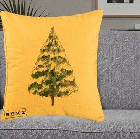 Perna Decorativa cu tematica de Craciun, Brad 2, 40x40 cm, Galben, Husa Detasabila, Perna Inclusa, BEKZ®