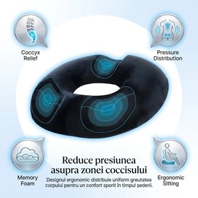 Perna ortopedica sezut antihemoroizi tip colac, memory foam, Negru