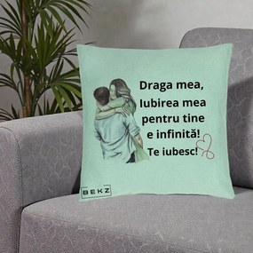 Cadou pentru Iubita - Perna Personalizata Draga Mea Iubirea Mea Infinita Te Iubesc cu Cuplu Acuarela, 40x40 cm, Verde Menta, Husa Detasabila, Perna Inclusa, BEKZ®