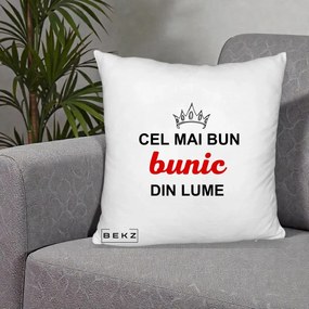 Cadou pentru Bunic - Perna Personalizata Cel Mai Bun Bunic Din Lume Coroana Rosu, 40x40 cm, Alb Pufos, Husa Detasabila, Perna Inclusa, BEKZ®