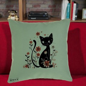 Perna Decorativa Pisica Neagra Flori Roz si Inimi, 40x40 cm, Verde, Husa Detasabila, Perna Inclusa, BEKZ®