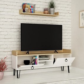 Set Comoda TV si Raft de Perete Keday, Alb / Stejar