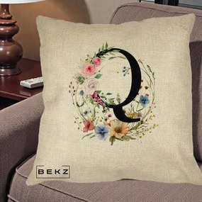Cadou Personalizat - Perna Personalizata Monogram Litera Q cu Flori Acuarela, 40x40 cm, Crem, Husa Detasabila, Perna Inclusa, BEKZ®