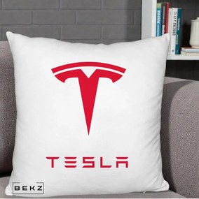 Perna Personalizata cu emblema Tesla, 40x40 cm, Alb Pufos, Husa Detasabila, Perna Inclusa, BEKZ®