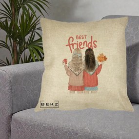 Cadou pentru Prieteni - Perna Personalizata Best Friends Toamna, 40x40 cm, Crem, Husa Detasabila, Perna Inclusa, BEKZ®
