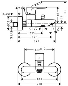 Baterie cada-dus Hansgrohe, Rebris S, negru mat