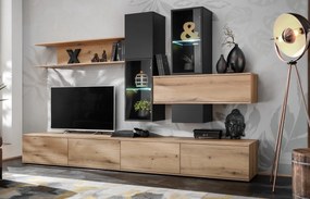 Mobila Living sufragerie moderna , pal stejar  negru, cu vitrine sticla , lumini led alb,deschidere usi prin apasare-push open, 280 cm lungime x 45 cm