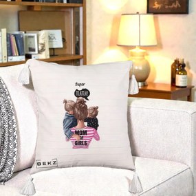 Cadou pentru Mama - Perna Personalizata Super Mama Mom of Girls, 40x40 cm, Bej cu Franjuri, Husa Detasabila, Perna Inclusa, BEKZ®