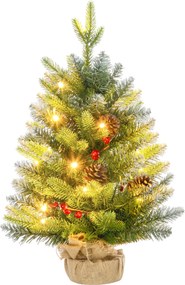 HOMCOM Mini Brad de Crăciun 60 cm cu lumini LED, 141 ramuri, conuri de pin, bobițe roșii, bază din ciment, verde | Aosom Romania