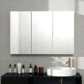 HOMCOM Dulap cu oglindă pentru baie, Badschrank cu 3 uși cu oglindă, Montaj pe perete, 90 x 15,5 x 60 cm, Placă de fibră, Alb | Aosom Romania