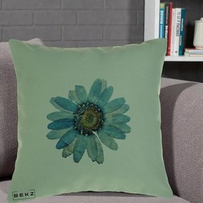 Perna Decorativa Floare Margareta Albastra Acuarela, 40x40 cm, Verde, Husa Detasabila, Perna Inclusa, BEKZ®