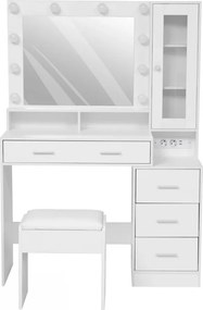 Set EVELINE – Masă de Toaletă pentru Machiaj, Oglindă Becuri LED, Iluminare reglabilă, Dulap lateral cu ușă, 5 sertare, 2 prize + 2 USB, Scaun, Alb