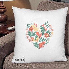 Perna Decorativa Inima Florala Botanica, 40x40 cm, Alb Pufos, Husa Detasabila, Perna Inclusa, BEKZ®