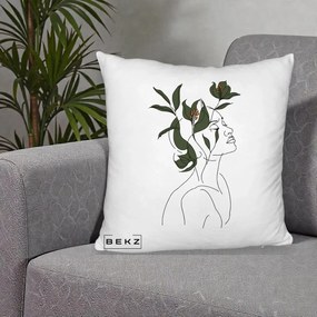 Perna Decorativa Portret Feminin Crin Verde, 40x40 cm, Alb Pufos, Husa Detasabila, Perna Inclusa, BEKZ®