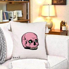 Perna Decorativa Craniu Roz Tatoo Art Halloween, 40x40 cm, Bej cu Franjuri, Husa Detasabila, Perna Inclusa, BEKZ®