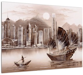 Tablou pe sticlă - Victoria Harbour, Hong Kong, efect sepia (70x50 cm)