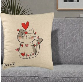 Perna Decorativa Pisica Kawaii cu Inimi, 40x40 cm, Bej, Husa Detasabila, Perna Inclusa, BEKZ®