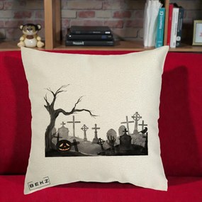 Perna Decorativa Halloween Cimitir Acuarela cu Dovleac, 40x40 cm, Ecru, Husa Detasabila, Perna Inclusa, BEKZ®
