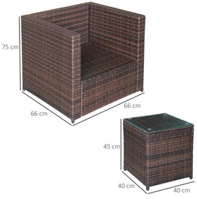 Outsunny Set Mobilier de Grădină din Ratan, 2 Scaune Fotolii cu Perne Decorative, Măsuță de Cafea cu Sticlă, Maro | Aosom Romania