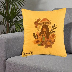 Perna Decorativa Fata Ciuperca Boho Florala, 40x40 cm, Galben, Husa Detasabila, Perna Inclusa, BEKZ®