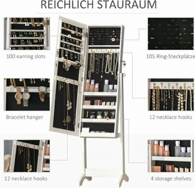 HOMCOM Oglindă Portbijuterii, Dulap Portbijuterii cu Unghi Reglabil, Organizator pentru Inele, Coliere, Cercei, Încuietoare cu Cheie, pentru Dormitor, Living, 46x36.5x151.5cm, Alb | Aosom Romania