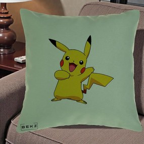 Perna Personalizata Pikachu Fericit, 40x40 cm, Verde, Husa Detasabila, Perna Inclusa, BEKZ®