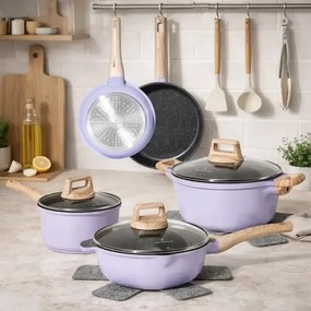 Set de oale si tigai Just Perfecto JL-34, 13 piese, Aluminiu, Acoperire din marmura, Capace din sticla cu orificiu pentru abur, Fara PTFE si PFOA, Inductie, Violet/bej