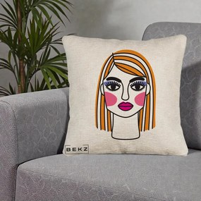 Perna Decorativa Portret Pop Art Fata, 40x40 cm, Bej Canapea, Husa Detasabila, Perna Inclusa, BEKZ®