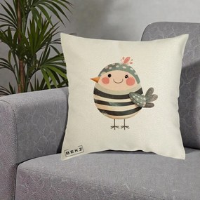 Perna Decorativa Pui Kawaii Teal cu Flori, 40x40 cm, Ecru, Husa Detasabila, Perna Inclusa, BEKZ®
