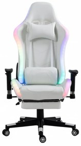 RESIGILAT-Scaun gaming cu sistem iluminare bandă LED RGB, masaj în perna lombară, suport picioare, funcție șezlong, 90-180 grade, piele ecologica Premium, Alb