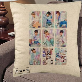Perna Personalizata K-pop BTS Colaj 9 Fotografii Autografe Individual, 40x40 cm, Bej, Husa Detasabila, Perna Inclusa, BEKZ®