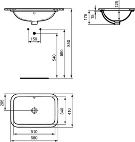 Lavoar incastrat sub blat alb 58 cm, dreptunghiular, Ideal Standard Connect