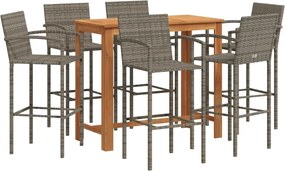 vidaXL Set bar de grădină, 7 piese, gri, lemn masiv acacia/ poliratan