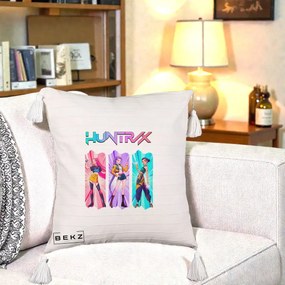 Perna Personalizata K-pop HUNTRX Trio cu Pisica in Benzi, 40x40 cm, Bej cu Franjuri, Husa Detasabila, Perna Inclusa, BEKZ®