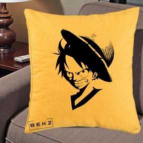 Perna Personalizata One Piece Luffy Silueta Alb-Negru, 40x40 cm, Galben, Husa Detasabila, Perna Inclusa, BEKZ®