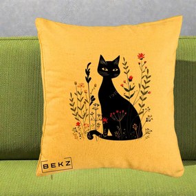 Perna Decorativa Pisica Neagra Botanica Rosu-Gri, 40x40 cm, Galben, Husa Detasabila, Perna Inclusa, BEKZ®