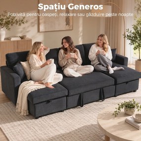 HOMCOM Canapea Extensibilă de Colț 282 cm, cu 2 Șezlonguri cu Depozitare, Gri Închis | Aosom Romania