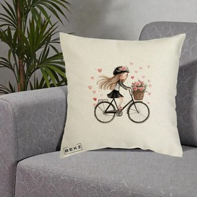Perna Decorativa Fetita Kawaii pe Bicicleta cu Trandafiri si Inimioare, 40x40 cm, Ecru, Husa Detasabila, Perna Inclusa, BEKZ®