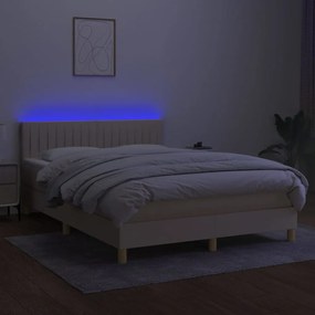 Pat cu arcuri, saltea si LED, crem, 140x200 cm, textil Crem, 140 x 200 cm, Benzi verticale