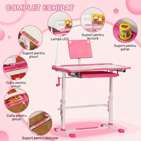 HOMCOM Birou pentru Copii cu Scaun Reglabil, Masă cu Sertar, Lampă și Suprafață Înclinabilă, 80x49,5x82-104 cm, Roz | Aosom Romania