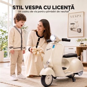 AIYAPLAY Motocicletă Electrică pentru Copii 3+ Ani, Licență VESPA, 6V, cu Roți Ajutătoare Detașabile, Max. 30 kg, Alb | Aosom Romania