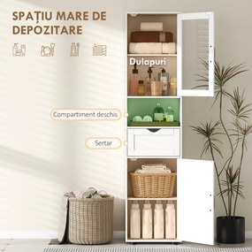 HOMCOM Mobilier de Baie Slim cu Dulapuri și Ușă din Sticlă, Mobilier Economizitor de Spațiu cu Raft Deschis, Sertar și Rafturi Ajustabile, Coloană Modernă, 40x30x165 cm, Alb | Aosom Romania