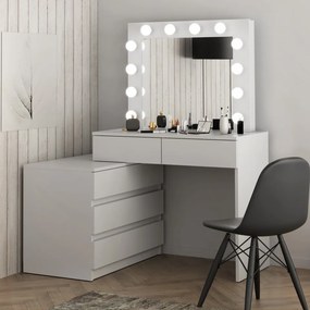Masuta machiaj cu Oglinda LED si 5 Sertare pentru Cosmetice, Set Masa toaleta 130 cm, Alb, masuta cosmetica, vanity - SEA541