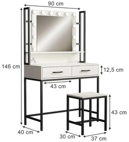 SEA807 - Set Masa toaleta 90 cm, cosmetica, machiaj, oglinda cu LED, masuta vanity cu scaun - Alb - Negru