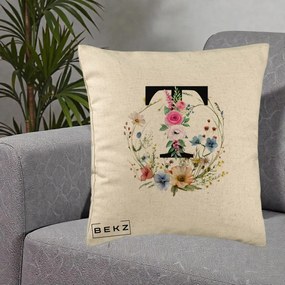 Cadou Personalizat - Perna Personalizata Monogram Litera T cu Flori Acuarela, 40x40 cm, Bej, Husa Detasabila, Perna Inclusa, BEKZ®