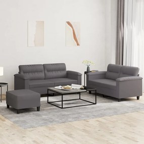 vidaXL Set de canapele cu perne, 3 piese, gri, piele ecologică