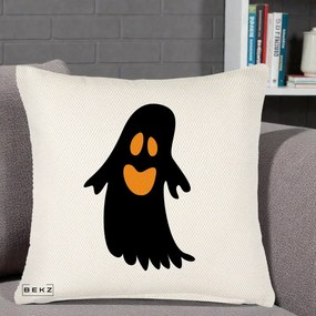 Perna Decorativa Halloween Fantoma Neagra cu Ochi Portocalii, 40x40 cm, Crem Reliefat, Husa Detasabila, Perna Inclusa, BEKZ®